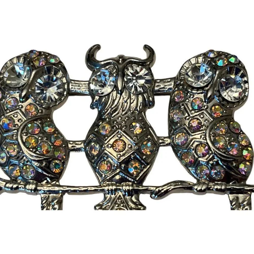 Silver Horned Owl on Branch Brooch Trio of Owls Crystals Rhinestone Eyes Costume - Picture 4 of 5